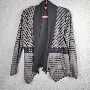 Le Grenier Waterfall Cardigan Black Gray Large Striped Studded Hanky Hem Viscose
